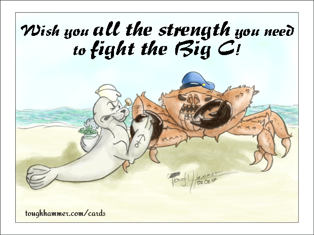A Seal with a Popeye mimic on a beach is doing some arm wrestling with a giant monster crab: &ldquo;Wish you all the strength you need to fight the Big C!&rdquo;
