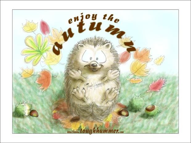 Hedgehog in a leaf heap throwing up leaves: &ldquo;enjoy the autumn&rdquo;