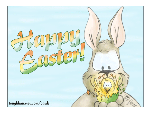 Chick hatching from an egg in the palm of a bunny: &ldquo;Happy Easter!&rdquo;