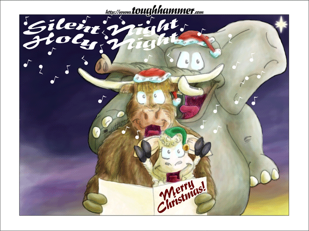 An elephant with a christmashat, a Cattle with a christmashat and a sheep with an elveshat singing: “silent night, holy night”