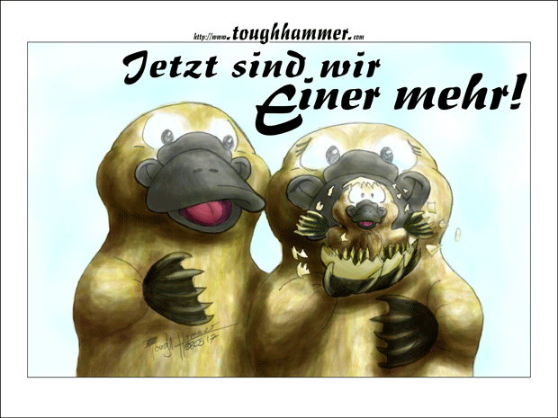 Schnabeltierepaar mit einem aus einem Ei schl&uuml;pfenden Schnabeltierei: &ldquo;Jetzt sind wir einer mehr!&rdquo;