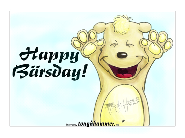 Fr&ouml;licher Teddy mit hochgestreckten Armen: &ldquo;Happy B&auml;rsday!&rdquo;