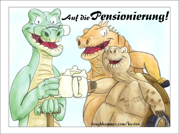 Alligator, Drachenechse und Schildkr&ouml;te stossen mit Schnabeltasse auf die Pensionierung an.