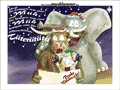 Ein Elefant mit Weihnachtsmütze, ein Rind mit Weihnachtsmütze und ein Schaf mit Elfenmütze singen: “Und da kriegen wir eine Muh, und da kriegen wir eine Mäh, kriegen wir die allerschönste Täterätätä”