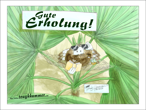 Zwischen Palmenbl&auml;ttern in einer Spinnennetzh&auml;ngematte lehnt sich eine Spinne zur&uuml;ck: &ldquo;Gute Erholung!&rdquo;